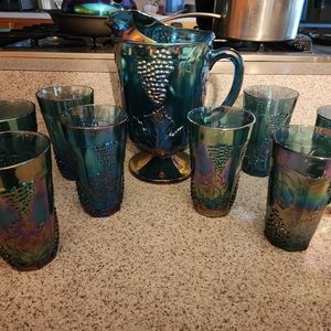 Indian glass pitcher, 8 glasses, harvest grape design. 1970s.